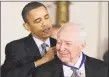  ?? Charles Dharapak / Associated Press ?? President Barack Obama, left, awards the Medal of Freedom to artist Jasper Johns in 2010.