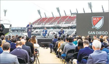  ?? MEG MCLAUGHLIN U-T ?? Team co-owner Mohamed Mansour, speaking here at Snapdragon Stadium on Thursday, invested $120 million to open a Right to Dream youth soccer academy in Egypt. He has similar plans for an academy in San Diego County.