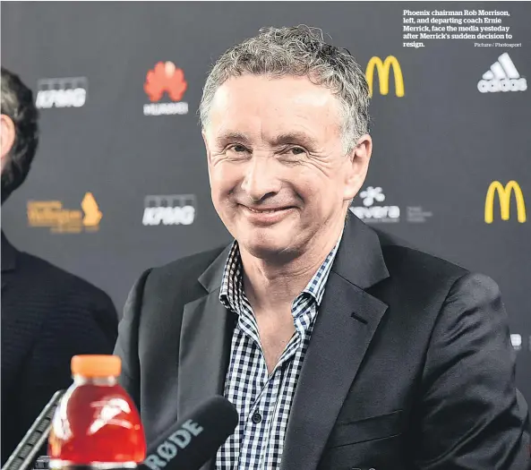  ?? Picture / Photosport ?? Phoenix chairman Rob Morrison, left, and departing coach Ernie Merrick, face the media yesteday after Merrick’s sudden decision to resign.