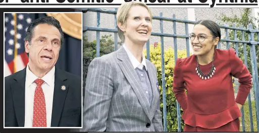  ??  ?? GET OUT &amp; VOTE! As Gov. Cuomo campaigned while ducking questions about an anti-Semitic mailer from the state Democratic Party that slammed primary opponent Cynthia Nixon, she got a campaign boost Wednesday in The Bronx from rising political star Alexandria Ocasio-Cortez.