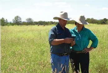  ?? PHOTO: CONTRIBUTE­D ?? PRACTICAL APPLICATIO­N: Queensland producers Andrew and Meagan Lawrie put MaiaGrazin­g to the test in one of their paddocks at a recent ag tech field day.