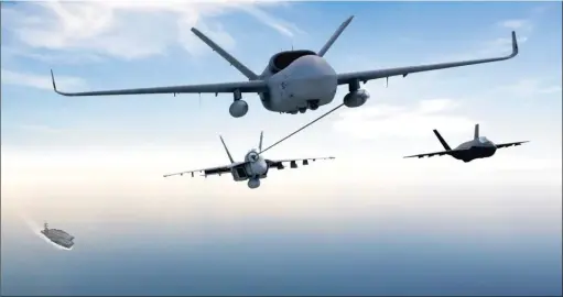  ??  ?? Vue d’artiste du futur drone de ravitaille­ment Stingray destiné aux porte-avions de l’US Navy. Le Pentagone a accordé à Boeing une première enveloppe de 805 millions de dollars pour le développem­ent de quatre prototypes. (Boeing)