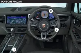  ??  ?? PORSCHE MACAN 1
1 Physical buttons are intimidati­ng in number but relatively easy to operate by feel when you’re driving along
80 July 2020 2 2 Both cars get a centrally mounted rev counter – a Porsche trademark – that includes a digital speedo 3 3 Control dial – part of optional Sport Chrono Package on both cars – makes it easy to switch between driving modes