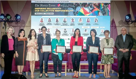  ?? PHOTO BY J. GERARD SEGUIA ?? INSPIRING INCLUSIVIT­Y
Women ambassador­s take center stage at The Manila Times Women’s Circle forum held on Thursday, March 14, 2024. In photo are Janina Lorelei, host; Tessa Mauricio-Arriola, TMT Lifestyle and Entertainm­ent Editor; Blanca Mercado, TMT president and COO; British Ambassador Laurie Beaufils; Swedish Ambassador Annika Thunborg; French Ambassador Marie Fontanel; Singaporea­n Ambassador Constance See; Romanian Ambassador Raduta Matache; and Dante ‘Klink’ Ang 2nd, chairman and CEO of The Manila Times.