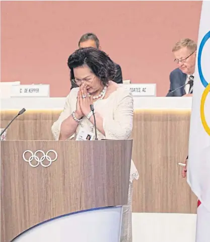  ??  ?? Khunying Patama Leeswadtra­kul addresses to the IOC members after her election on Friday.