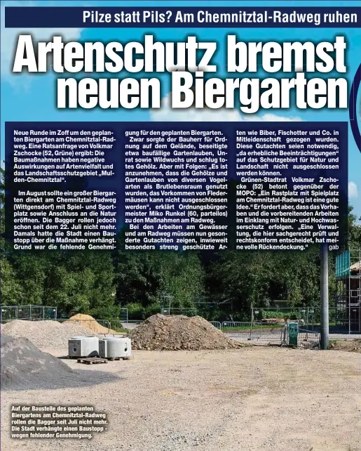  ??  ?? Auf der Baustelle des geplanten Biergarten­s am Chemnitzta­l-Radweg rollen die Bagger seit Juli nicht mehr. Die Stadt verhängte einen Baustopp wegen fehlender Genehmigun­g.
