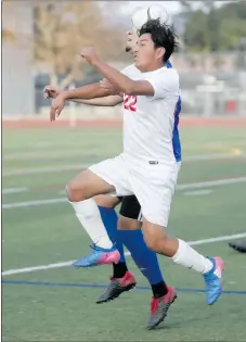  ?? Nikolas Samuels/The Signal ?? Hart’s Alfonso Reyes de Jesus (22) tries to head the soccer ball as a player from El Camino fights for control during a home match on Monday.