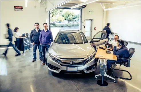  ??  ?? Silicon Valley Lab head Nick Sugimoto (left) and Xcelerator program lead Dennis Clark scour the region for technology and startups that can help jazz up Hondas and Acuras.
