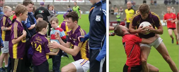  ??  ?? Eoghan Nolan surrounded by young autograph hunters after the game.
Brian Malone forcefully overcomes this Down challenge.