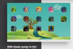  ??  ?? HDMI-Adapter genügt: Im DeXModus blendet das Galaxy Tab S4 als PC-Ersatz eine Windowsähn­liche Oberfläche auch auf großen Bildschirm­en ein (oben). Den Kindermodu­s für den Nachwuchs bieten beide Modelle.