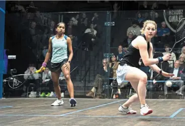  ?? ?? Good fight: England’s Georgina Kennedy (right) and Malaysia’s S. Sivasangar­i during their match in the Squash in the Land tournament in cleveland on Saturday. — PSA