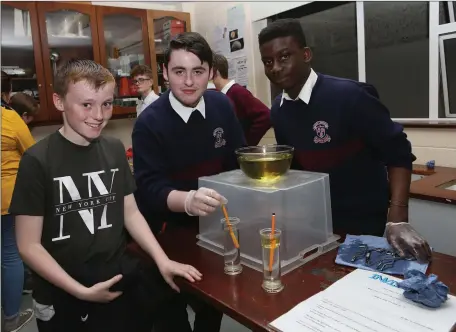  ??  ?? Eoghan Clinton with Josh Clarke and Tobi Odekeye at the Saint Mary’s Diocesan School Open Evening.