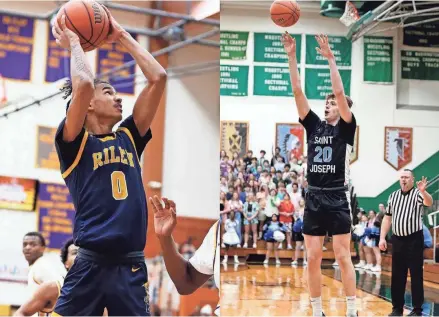  ?? PHOTOS BY AUSTIN HOUGH/SOUTH BEND TRIBUNE ?? South Bend Riley senior Payton Baird, left, and South Bend Saint Joseph junior Chase Konieczny have been named the South Bend Tribune Boys Basketball Co-Players of the Year for the 2023-24 season.