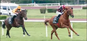  ?? (Pic: H Durand) ?? Mutabahi on way to winning the Prix Louis Saulnier, a 2,000 metre race for three-year-olds maidens at Lyon-Parilly, France, on Sunday.