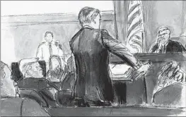  ?? Elizabeth Williams via Associated Press ?? A COURTROOM SKETCH shows Manhattan Assistant Dist. Atty. Christophe­r Conroy arguing that former President Trump should be held in contempt.