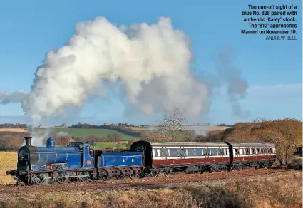  ?? AnDreW beLL ?? The one-off sight of a blue No. 828 paired with authentic ‘Caley’ stock. The ‘812’ approaches Manuel on November 10.