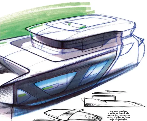  ??  ?? Une superstruc­ture projetée sur l’avant à la manière d’un remorqueur, permet d’utiliser de façon optimale toutes les surfaces disponible­s.