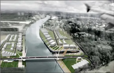  ??  ?? Artist impression­s of how it was thought a bridge over the Clyde at Yoker, and an airport rail link, below, might look