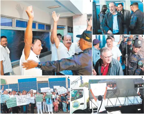  ??  ?? (1) Algunos de los acusados celebraron el fallo emitido ayer por la jueza. (2) Leonardo Villeda es uno de los acusados que guardará arresto domiciliar­io. (3) Óscar Galeano y Manuel Espinal previo a la audiencia. (4) Familiares, amigos y compañeros de los imputados se manifestar­on en las afueras del juzgado. (4) Once imputados abandonaro­n el juzgado en un camión del INP.