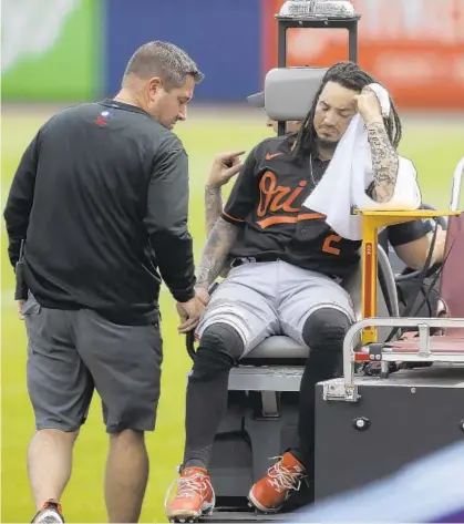  ?? JOSHUA BESSEX/AP ?? Orioles shortstop Freddy Galvis is carted off the field after the second inning of a game against the Toronto Blue Jays in Buffalo, N.Y., on Saturday.