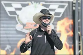  ?? RAY CARLIN — THE ASSOCIATED PRESS ?? Austin Cindric smiles in Victory Lane after being name winner of the NASCAR Xfinity auto race at Texas Motor Speedway in Fort Worth, Texas, Saturday, July 18, 2020. Cindric was named the winner of the race after Kyle Busch (not pictured) was disqualifi­ed after the race.