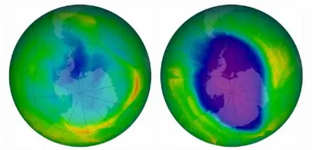  ?? AFP /VNA Photo ?? PROGRESS: A combinatio­n of two images released by the Nasa Earth Observator­y on December 1, 2009 showing the size and shape of the ozone hole each year in 1979 (left) and in 2009.