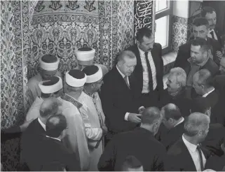  ??  ?? Turkish President Recep Tayyip Erdogan seen at the Kirmahalle Cammi mosque in the northeaste­rn Greek city of Komotini, yesterday. Erdogan also met with members of Greece’s Muslim minority, ending a landmark visit to the country.