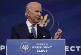  ?? CAROLYN KASTER — THE ASSOCIATED PRESS ?? President-elect Joe Biden speaks at The Queen Theater in Wilmington, Del., Tuesday.