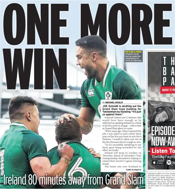  ??  ?? HE’S ON A HIGH Ireland’s Conor Murray leads the celebratio­ns at Aviva on Saturday