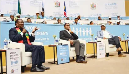 ?? ?? President Mnangagwa makes an interventi­on during a Heads of State panel discussion at the World Children’s Day Commemorat­ions held at Mulungushi Conference Centre in Lusaka, Zambia, yesterday. Listening are host President Hakainde Hichilema and Botswana President Mokgweetsi Masisi