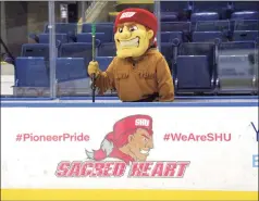  ?? Ned Gerard / Hearst Connecticu­t Media ?? Sacred Heart’s Big Red the Pioneer poses behind the board of Webster Bank Arena in 2019.