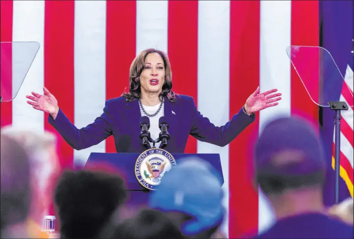  ?? L.E. Baskow
Las Vegas Review-journal @Left_eye_images ?? Vice President Kamala Harris speaks about keeping the country moving forward during a rally at Mojave High School on Saturday in North Las Vegas.