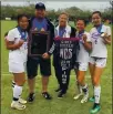  ?? COURTESY PHOTO ?? Middletown High school girls soccer coaches Lamont and Tracey Kucer celebrate the team’s North Coast Section Division I championsh­ip following a 1-0 win over Arcata in a game that took place nearly a year ago today.
With their coaches are the team’s three seniors, from left Nayla Chaires, Abby Sabater and Luana Gisler. Chaires and Sabater were freshmen when Lamont Kucer took over the Middletown program in 2016.