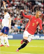  ?? AP ?? Spain’s Rodrigo Moreno celebrates after scoring his side’s second goal during the UEFA Nations League match between England and Spain at Wembley stadium in London yesterday.