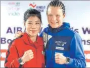  ?? PTI ?? Potkonen (R) with Mary Kom at a press conference on Tuesday.