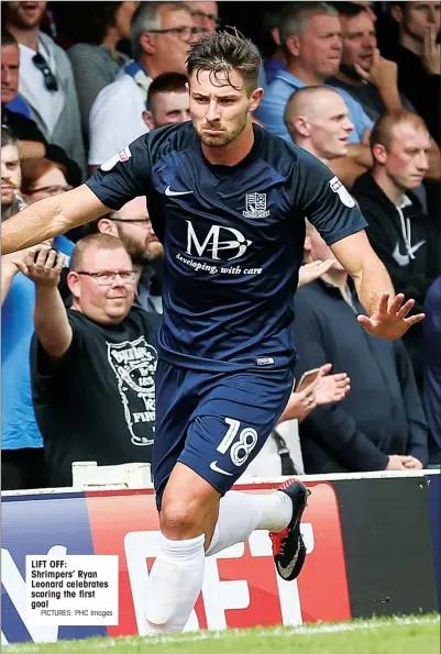  ?? PICTURES: PHC Images ?? LIFT OFF: Shrimpers’ Ryan Leonard celebrates scoring the first goal