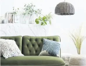  ??  ?? A bit of greenery, some mixed textures and switching up a lightshade can go a long way. Dunelm’s collection includes an Elodie Velvet Sofa Bed, £329; Ava Textured Cushion, £18; Taza Rug, from £29-£89; Lari Split Weave Grey Easy Fit Pendant, £29; Artificial Pampas Grass Single Spray, £5.50 each