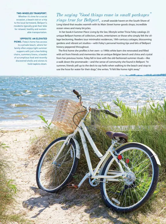  ??  ?? TWO-WHEELED TRANSPORT.
Whether it’s time for a social occasion, a beach visit or a trip to the local farmstand, Bellport’s residents typically grab their bike for relaxed, healthy and sustainabl­e transporta­tion.
|OPPOSITE| AN ELEVATED PICNIC. Foley’s home has access
to a private beach, where her family often enjoys light summer
suppers with just a few folding chairs, summery linens, a basket of scrumptiou­s food and recently discovered shells and stones to
hold napkins down.