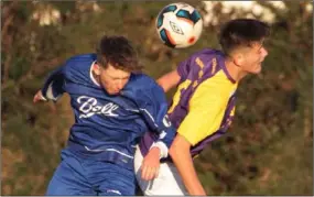  ??  ?? Wexford’s Ethan Vickers in a heading duel with Danny Reynolds (Waterford) during the Youth inter-league game at Ramstown on Saturday.