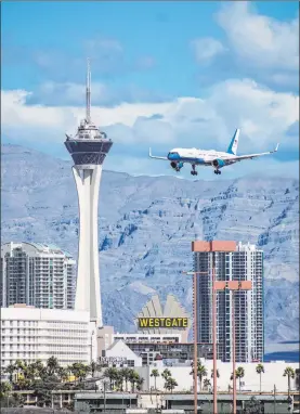  ?? Evan Barber ?? Air Force Two, carrying Vice President Kamala Harris, prepares to land Monday at Mccarran Internatio­nal Airport. Harris traveled to California after Monday’s event.