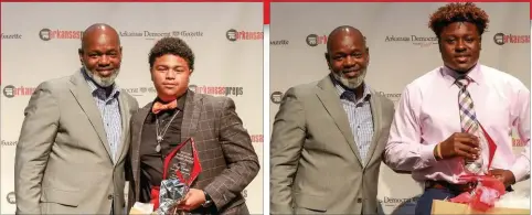  ?? TONY BAKER PHOTOGRAPH­Y ?? Left: Former NFL running back Emmitt Smith, left, presents Cruz Carter with the 2017 All-Arkansas Preps CHI St. Vincent Health Award at this year’s banquet. Along with Omari Hervey, Carter overcame acute myeloid leukemia while he played football at...