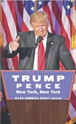  ??  ?? NEW YORK: Republican President-Elect Donald Trump gives a victory speech on election night at the New York Hilton Midtown early yesterday. — AFP
