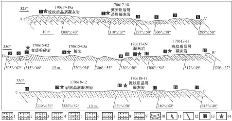  ??  ?? A-A′: 西里庙组下段剖面; B-B′: 西里庙组中段剖面; C-C′: 西里庙组上段剖面。1. 英安质岩屑晶屑凝灰岩; 2. 流纹质岩屑晶屑凝灰岩; 3. 岩屑晶屑凝灰岩; 4. 流纹质晶屑凝灰岩; 5. 晶屑凝灰岩; 6. 凝灰岩; 7. 凝灰质砂岩; 8. 变质砂岩; 9. 变质粉砂岩; 10. 板岩; 11. 灰岩透镜体; 12. 断层; 13. 地层编号; 14. 采样点图 3二叠纪西里庙组地质­剖面Fig. 3 Geological sections of Permian Xilimiao Formation