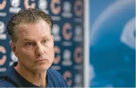  ?? ?? Matt Eberflus speaks after practice Wednesday on the first day of training camp at Halas Hall.