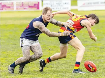  ?? ?? Clancy Pope, who finished the day with a gaol and named in Longwarry’s best tries to pick up the ball despite a strong tackling attempt from Catani’s Jack Hobson.