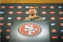  ?? Tony Avelar / Special to The Chronicle ?? Jimmy Garoppolo speaks at a news conference for the first time as the 49ers’ starter and admittedly dished cliches.