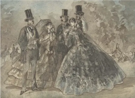  ??  ?? 2. Meeting in the Park, c. 1860, Constantin Guys (1802–92), pen and brown ink, brush and grey, blue and black wash, 21.7 × 30cm. Metropolit­an Museum of Art, New York