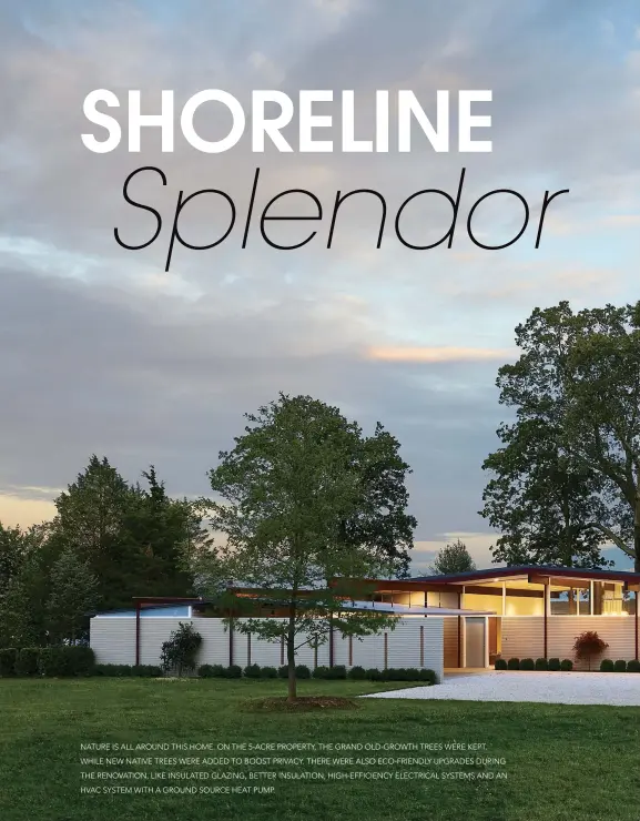  ??  ?? NATURE IS ALL AROUND THIS HOME. ON THE 5-ACRE PROPERTY, THE GRAND OLD-GROWTH TREES WERE KEPT, WHILE NEW NATIVE TREES WERE ADDED TO BOOST PRIVACY. THERE WERE ALSO ECO-FRIENDLY UPGRADES DURING THE RENOVATION, LIKE INSULATED GLAZING, BETTER INSULATION, HIGH-EFFICIENCY ELECTRICAL SYSTEMS AND AN HVAC SYSTEM WITH A GROUND SOURCE HEAT PUMP.