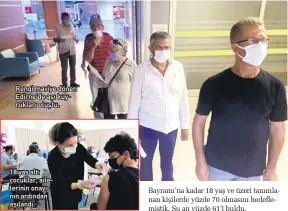  ??  ?? Rengi maviye dönen Edirne’de aşı kuyrukları oluştu. 18 yaş altı çocuklar, ailelerini­n onayının ardından aşılandı.
Bayramı’na kadar 18 yaş ve üzeri tanımlanan kişilerde yüzde 70 olmasını hedeflemiş­tik. Şu an yüzde 61’i buldu.