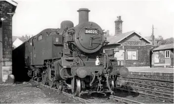  ?? ALL PICTURES BY AUTHOR UNLESS STATED. ?? The BR Standard Class 2 2-6-2 ‘84XXX’ tanks built from 1953 were based on the earlier Ivatt 2-6-2 tanks. Forty of the Ivatt and all 30 of the Standard engines were push-pull fitted. No. 84025, seen at Chorley on August 16, 1965, was originally an SR engine, but was transferre­d to the LMR in September 1961. The apparatus on the left side of the smoke box is the vacuum cylinder, which allowed the driver to control the engine’s regulator remotely in an emergency. Instructio­ns were otherwise passed to the fireman by code.